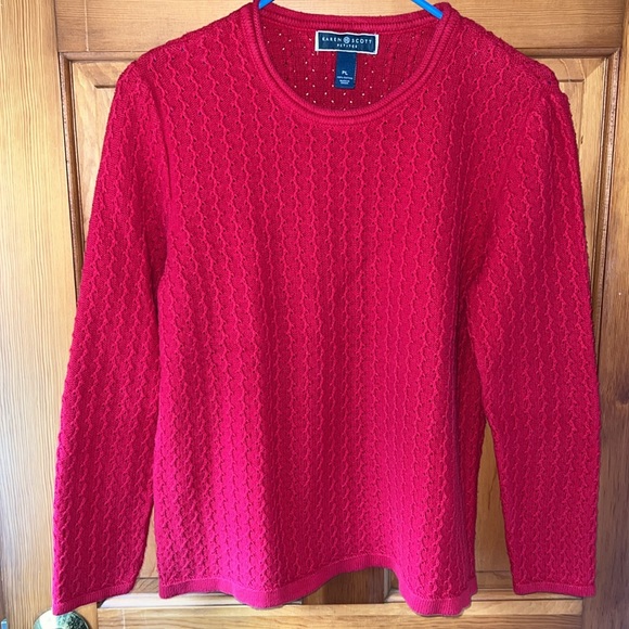 Karen Scott Petites Eyelet Cable Knit Sweater Red Cotton - Picture 1 of 10